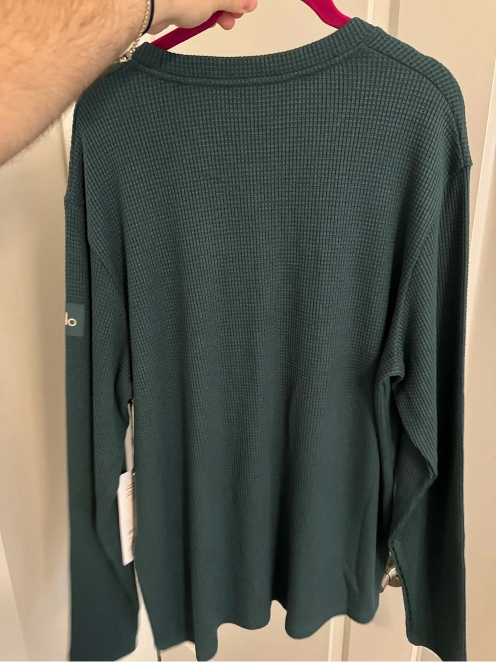 ALO Yoga Women's Crewneck Waffle Knit Sweater in Teal Green